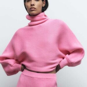 Zara Bubblegum Pink Batwing Turtleneck Ribbed Knit Sweater
